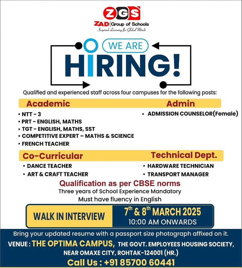 School Jobs at  ZAD Group of Schools ,  Rohtak